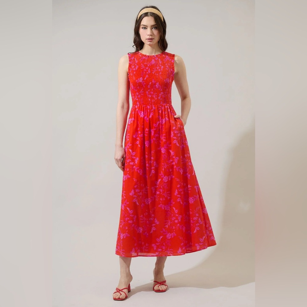 Sugarlips Red Pink Floral Smocked Midi Dress l Sleeveless I Small I NWT I Summer